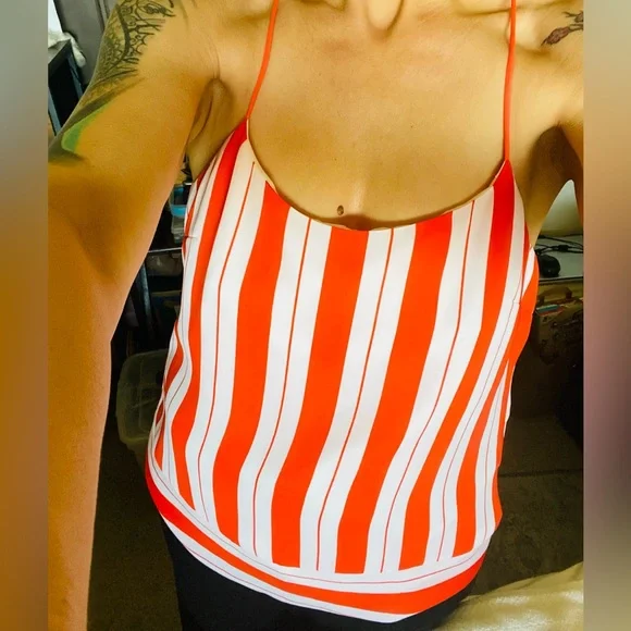 New Banana Republic Bright Reddish Orange with White Stripes Silk Tank w/ tags - Picture 4 of 7
